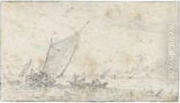 Estuary Scene With Boats On Choppy Water Oil Painting by Jan van Goyen