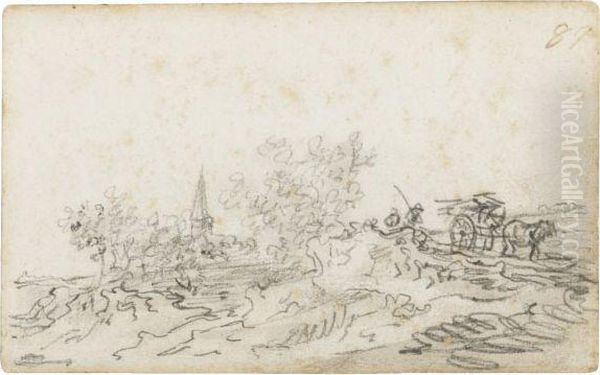 A Horse And Cart On A Path, A Church Tower In The Background Oil Painting by Jan van Goyen