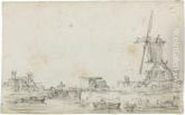 A Drawbridge Over A River, A Windmill To The Right And Houses Tothe Left Oil Painting by Jan van Goyen