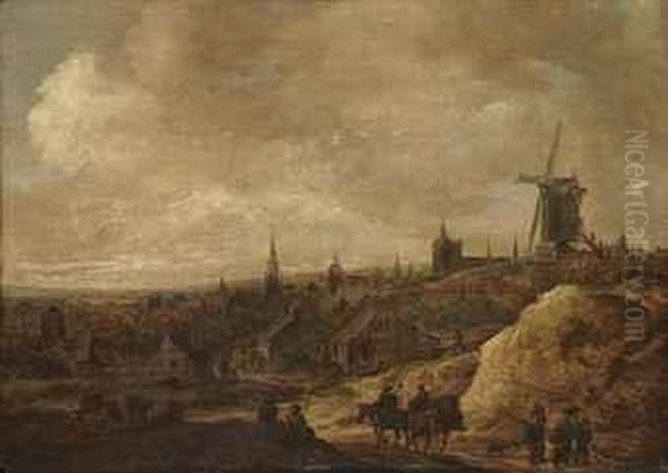 A Village Landscape With A Windmill, Peasants With A Horse Andcarriage On A Track Oil Painting by Jan van Goyen