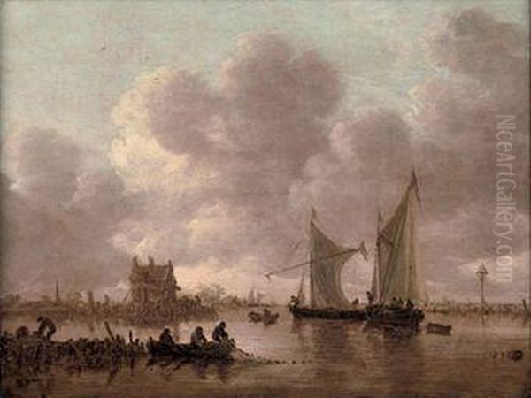 'smalschips' On The Kil Near The
 Oude Wachthuis With Fishermenraising A Net Off A Jetty, The Grote Kerk 
At Dordrecht Beyond Oil Painting by Jan van Goyen