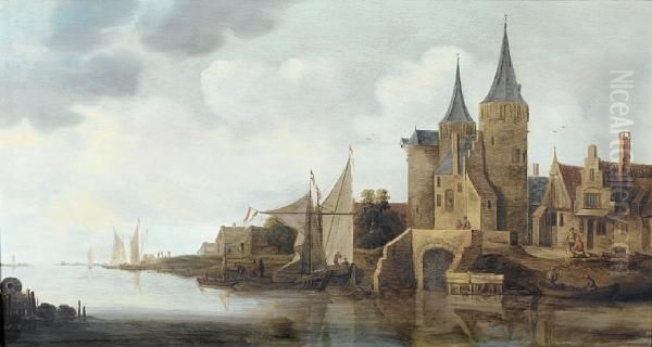 A Fortified Riverside Town With Fishing Boatsnearby Oil Painting by Jan van Goyen