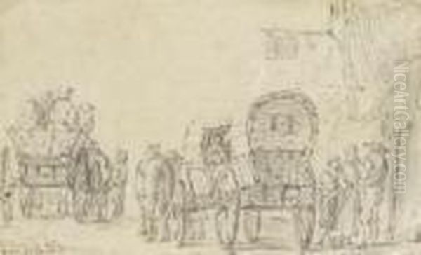 Two Horse-drawn Carts In Front Ofan Inn Oil Painting by Jan van Goyen