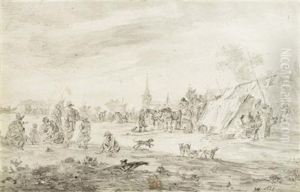 Market Goers With Campsand Wagons Oil Painting by Jan van Goyen