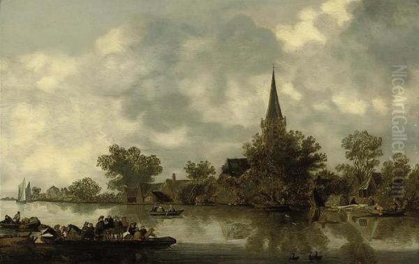 A River Landscape With A Church, A Ferry And Figures In Rowingboats by Jan van Goyen