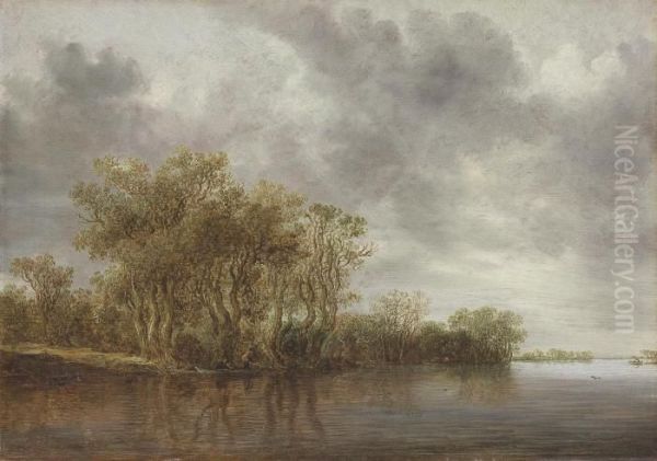 A Wooded River Landscape With Boatmen Near The Bank Oil Painting by Jan van Goyen