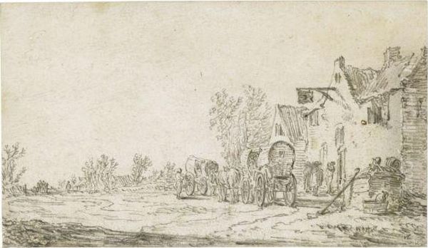 Waggons And Travellers Outside An Inn Oil Painting by Jan van Goyen