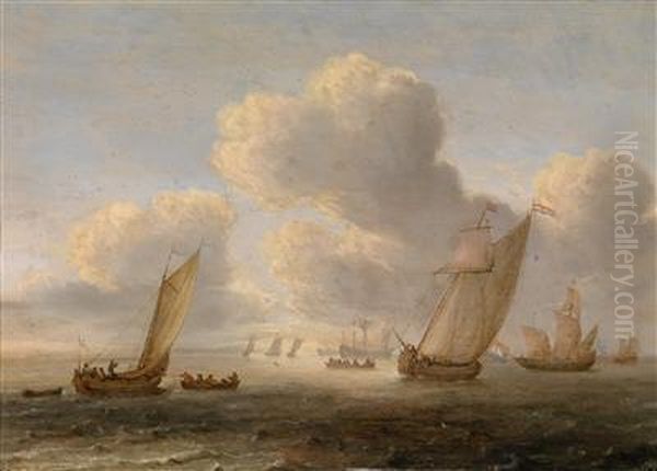 Dreimaster Und Fischerboote In Kustennahem Gewasser Oil Painting by Jan van Goyen