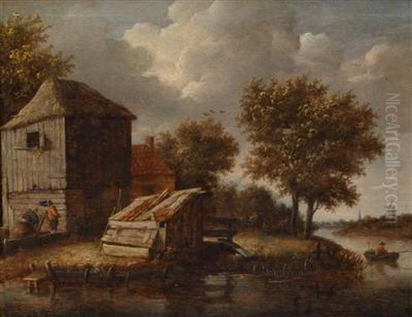 Flusslandschaft Mit Gebauden Am Ufer Oil Painting by Jan van Goyen