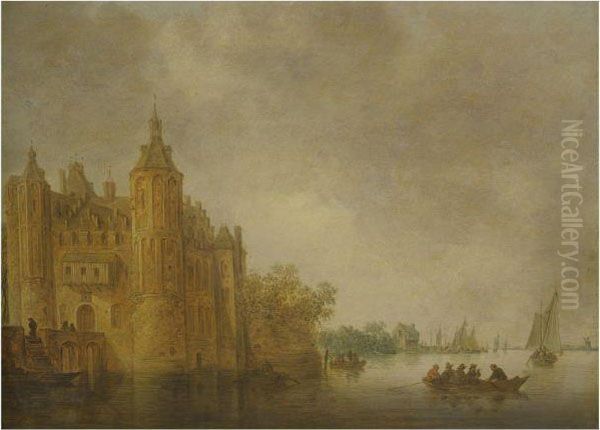 Figures In A Rowing Boat On A Wide River Before A Largecastle Oil Painting by Jan van Goyen