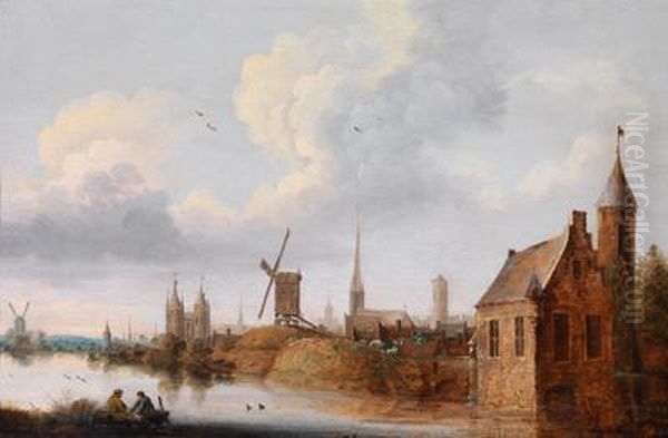 Umkreishollandische Flusslandschaft Mit Einem Am Wasser Gelegenenstadtchen Oil Painting by Jan van Goyen