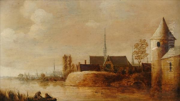 Two Figuresin A Boat With A Dutch Town Beyond Oil Painting by Jan van Goyen