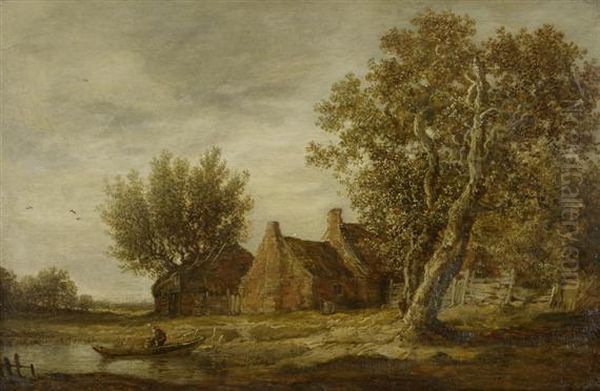 River Landscape With Farms And A Boat Oil Painting by Jan van Goyen