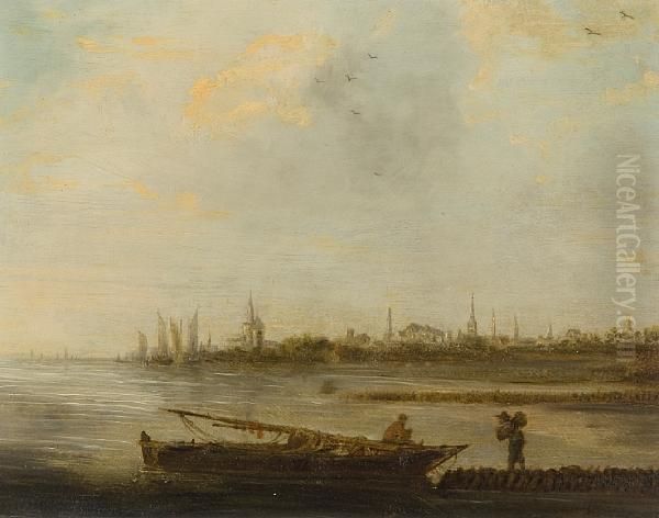 Figures And Boat Before A Coastalskyline Oil Painting by Jan van Goyen