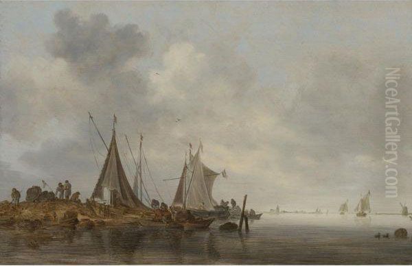 Fishing Boats Moored At An Embankment Oil Painting by Jan van Goyen