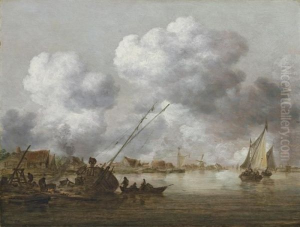 An Estuary With A Small Ship Being Caulked In The Foreground Oil Painting by Jan van Goyen