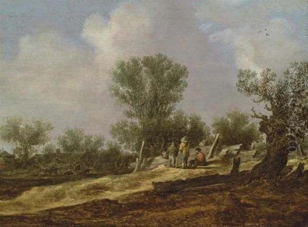 A Landscape With Travellers Resting By A Fence, A Village Beyond Oil Painting by Jan van Goyen