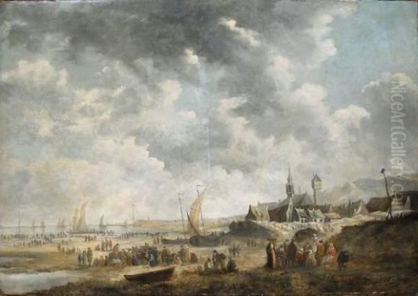 Scene De Plage Animee Pres D'un Village Oil Painting by Jan van Goyen