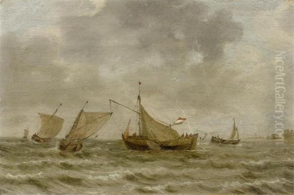 Fishers' Boats On A Stormy Sea Oil Painting by Jan van Goyen