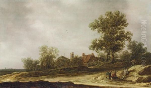 A Landscape With Travellers 
Resting On A Sandy Path Near A Cottage, A Church In The Distance Oil Painting by Jan van Goyen