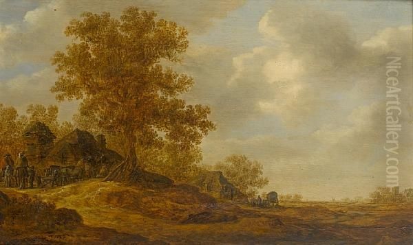 A Wooded Landscape With Travellers Halting Before An Inn Oil Painting by Jan van Goyen