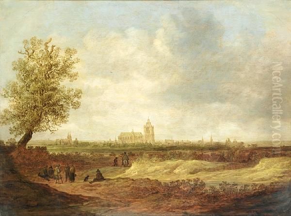 Travellers On A Path, With Arnhem In The Distance Oil Painting by Jan van Goyen