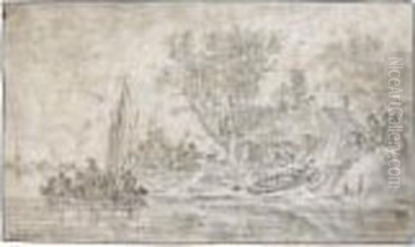 River Landscape With Figures Embarking On A Barge And A Cottage To The Right Oil Painting by Jan van Goyen