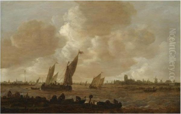 A Distant View Of Dordrecht, 
With Small Vessels Beating Against And Running Before The Wind, With 
Fishermen Unloading Fishtraps In The Foreground Oil Painting by Jan van Goyen