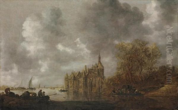 An Extensive River Landscape With Figures Rowing And A Castle Beyond Oil Painting by Jan van Goyen