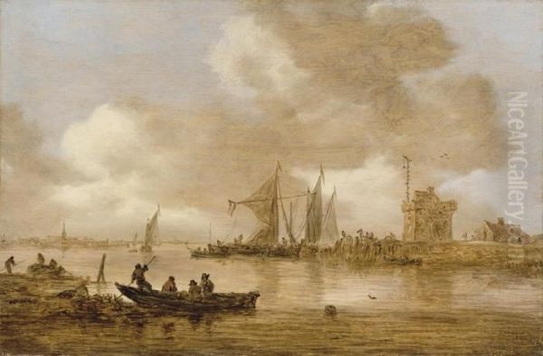 A River Estuary With Dutch Shipping And A Lighthouse Oil Painting by Jan van Goyen