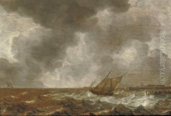 Shipping In Stormy Waters Oil Painting by Jan van Goyen