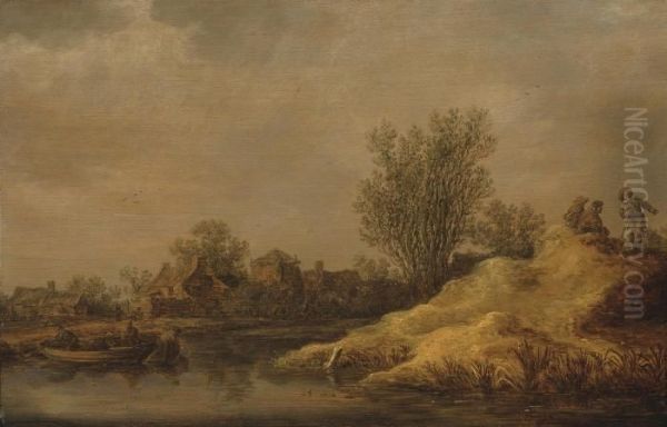 Paysans Traversant Un Cours D'eau, Un Village A L'arriere-plan Oil Painting by Jan van Goyen