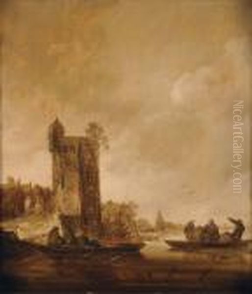 Embarcations Aux Abords D'un Chateau En Ruine Oil Painting by Jan van Goyen