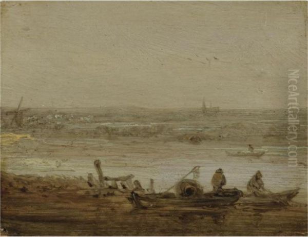 A River Landscape With Fishermen
 In Boats Hauling In Their Nets, A View Of A Church In The Far Distance Oil Painting by Jan van Goyen