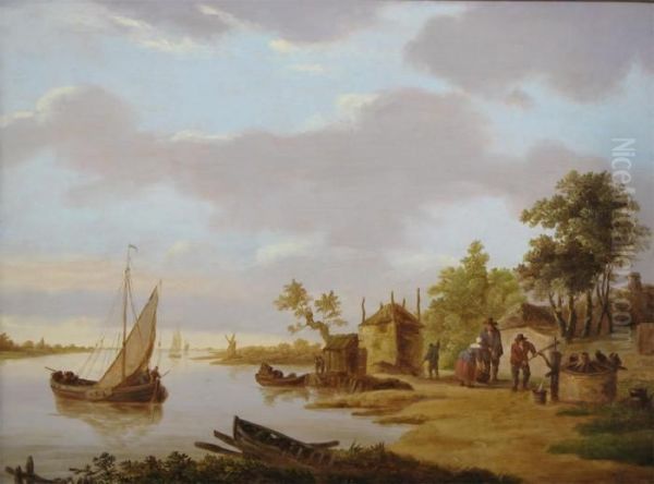 River Scene With Figures On The Banks Oil Painting by Jan van Goyen