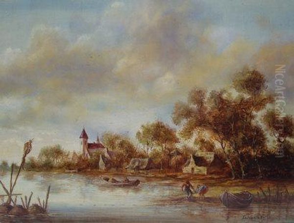 A River Landscape With Fishermen Dragging A Net Oil Painting by Jan van Goyen