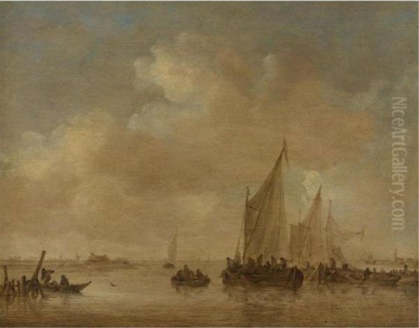 Fishing Boats In An Estuary Oil Painting by Jan van Goyen