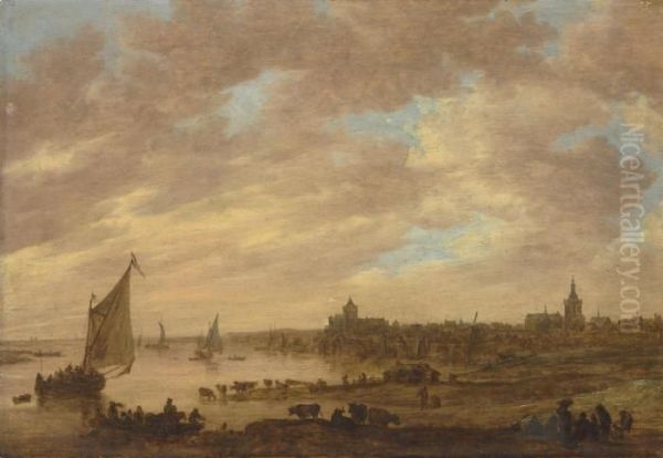 A View Of Nijmegen From The West
 With The Valkhof And St.stevenskerk, A Ferry And Other Shipping On The 
Waal And Cattle Onthe River Bank Oil Painting by Jan van Goyen