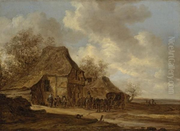 An Extensive Landscape With Travellers At An Inn Oil Painting by Jan van Goyen