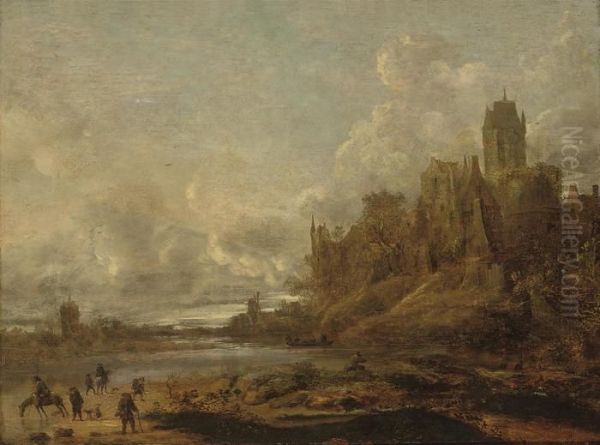 A River Landscape With 
Travellers On The Bank, A Ferry Crossing, Awindmill And Town Beyond Oil Painting by Jan van Goyen