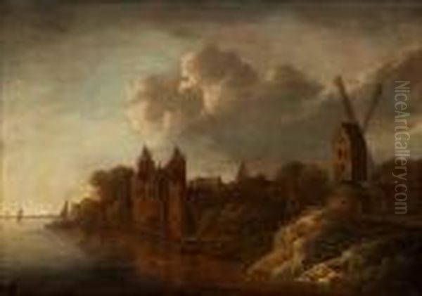 Flodlandskap Med Vaderkvarn Oil Painting by Jan van Goyen