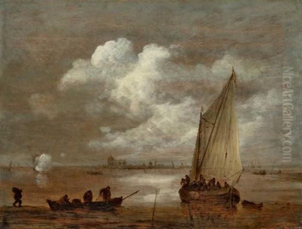 Seestuck Mit Fischerbooten Und Einem Kriegsschiff Oil Painting by Jan van Goyen