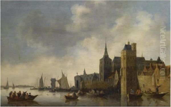 A River Landscape With Fishermen
 In Small Vessels Near The City Ofantwerp, With A Church Tower On The 
Right, Sailing Boats In Thebackground Oil Painting by Jan van Goyen