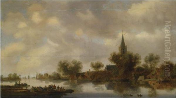 An Extensive River Landscape 
With Figures In A Ferry Boat, Othershipping On The River, A View Of A 
Church And Houses On Shore Oil Painting by Jan van Goyen