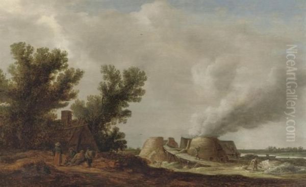 A River Landscape With Peasants Resting Near A Cottage And Figures Working At Lime Kilns Oil Painting by Jan van Goyen