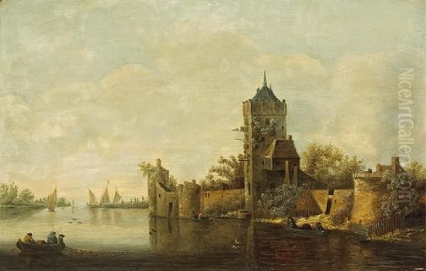 A River Landscape With A Castle And Fishermenin The Foreground Oil Painting by Jan van Goyen