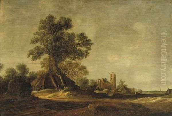 A Wooded Dune Landscape With Two Travellers Resting Under A Treenear A Small Village Oil Painting by Jan van Goyen