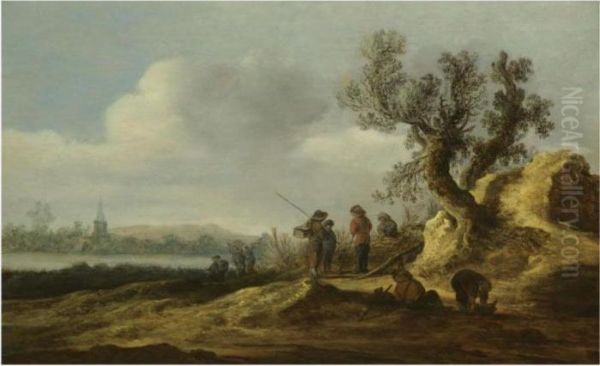 A River Landscape With Figures Conversing Beneath A Tree Oil Painting by Jan van Goyen