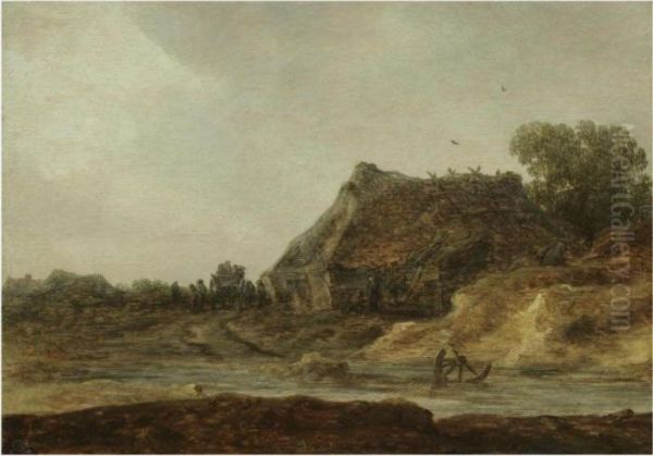 Travellers Passing A Peasant Settlement Oil Painting by Jan van Goyen