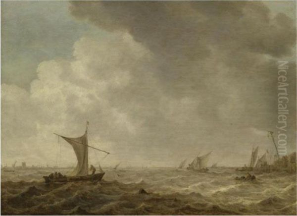 An Estuary Scene With Small Vessels In A Choppy Sea Oil Painting by Jan van Goyen